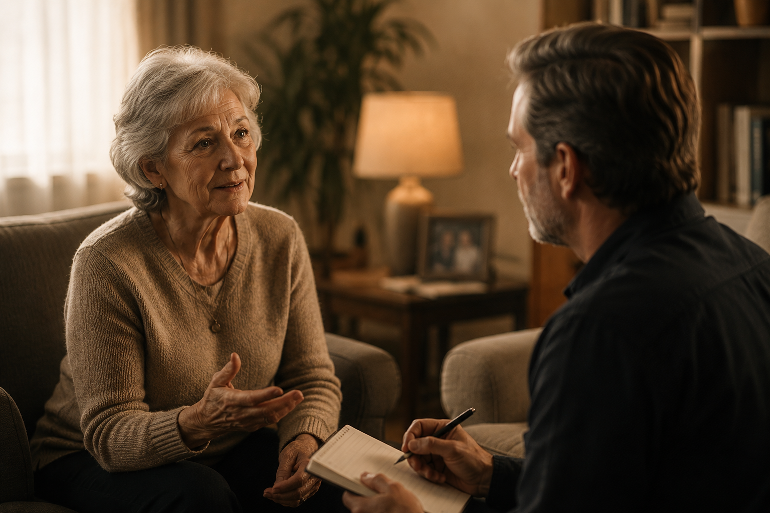 A warm conversation between interviewer and storyteller in a cozy living room