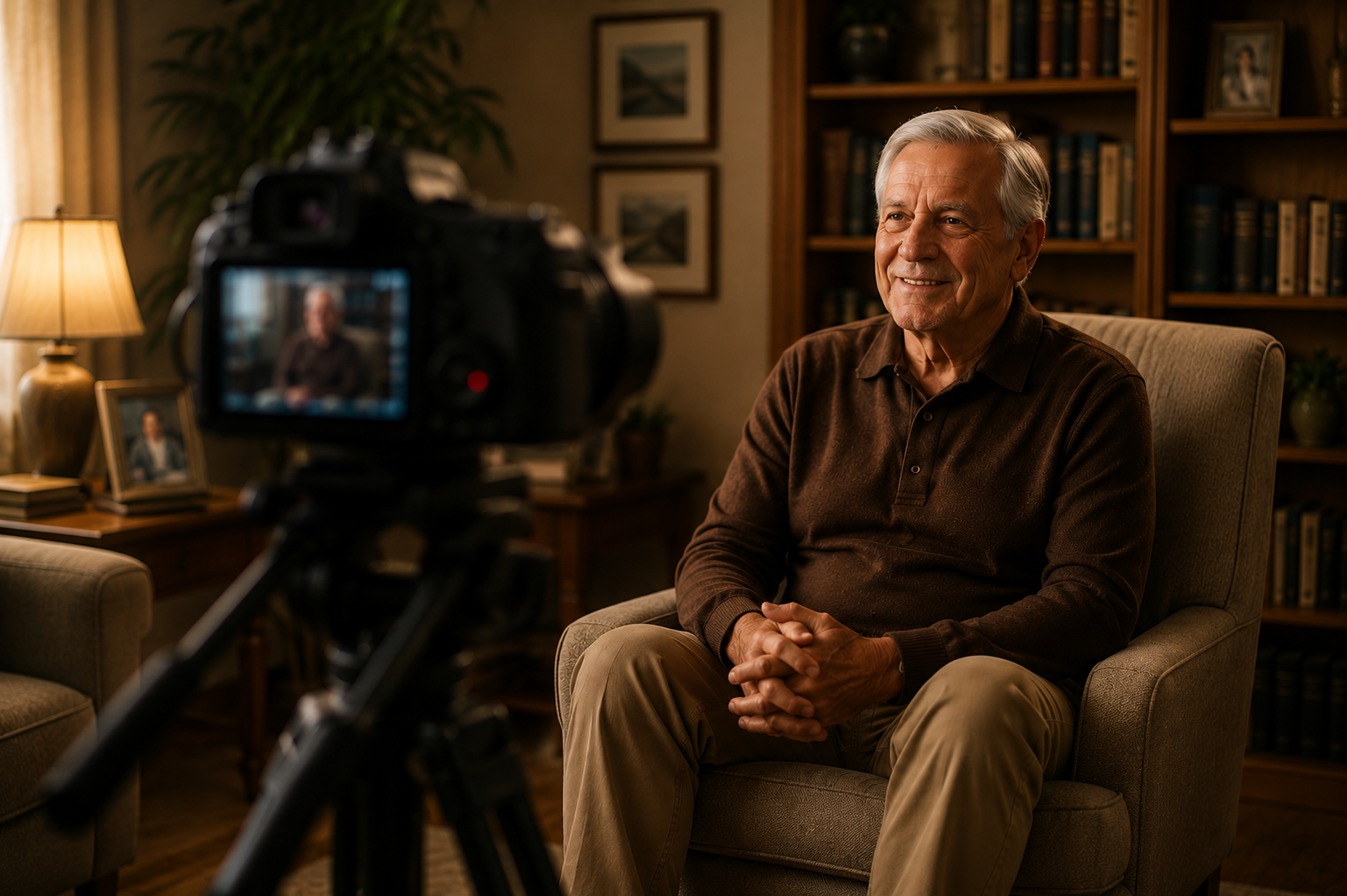 An elderly man smiling warmly during a cinematic filming session at home