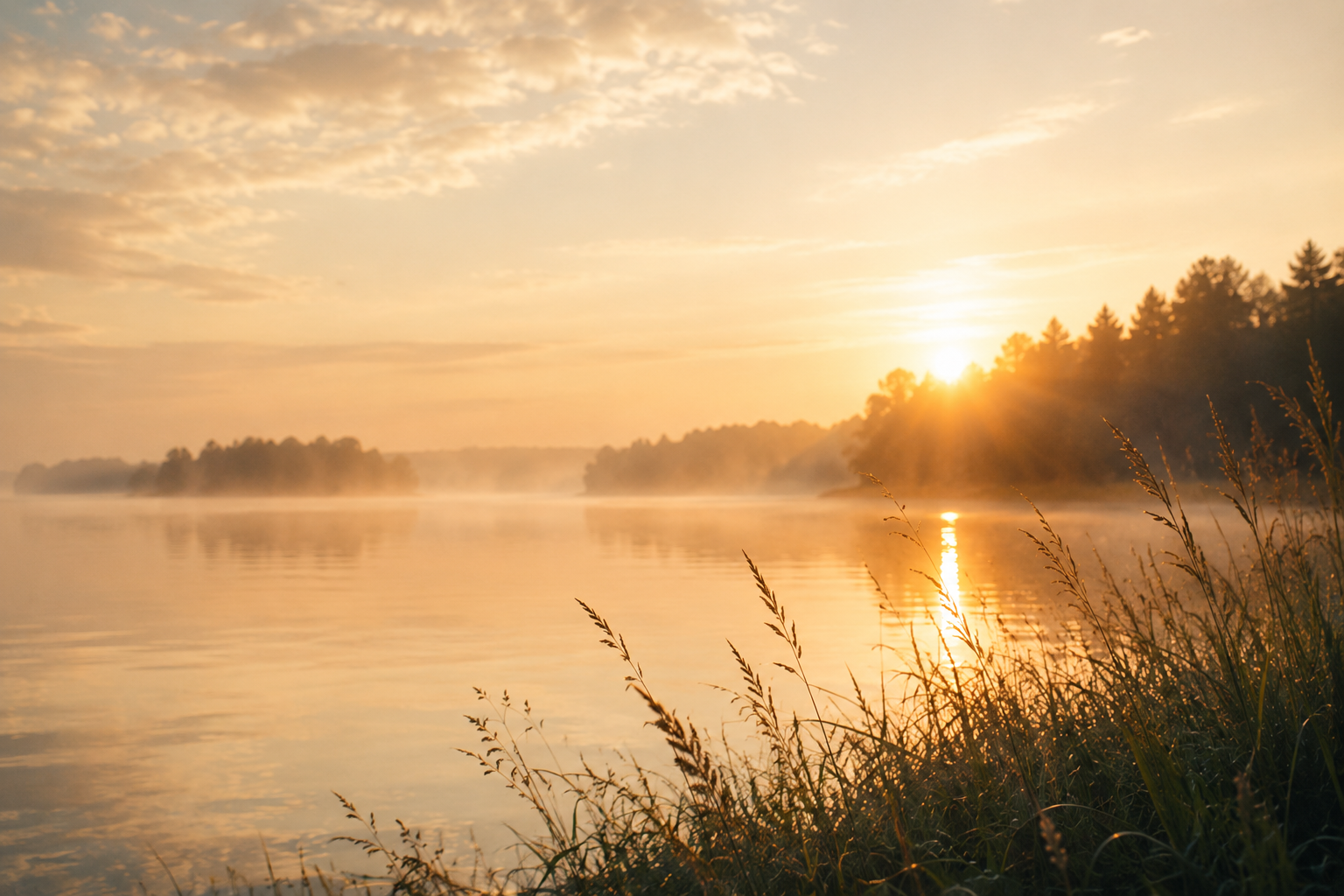 A golden-hour lakeside sunset with warm mist rising over still water