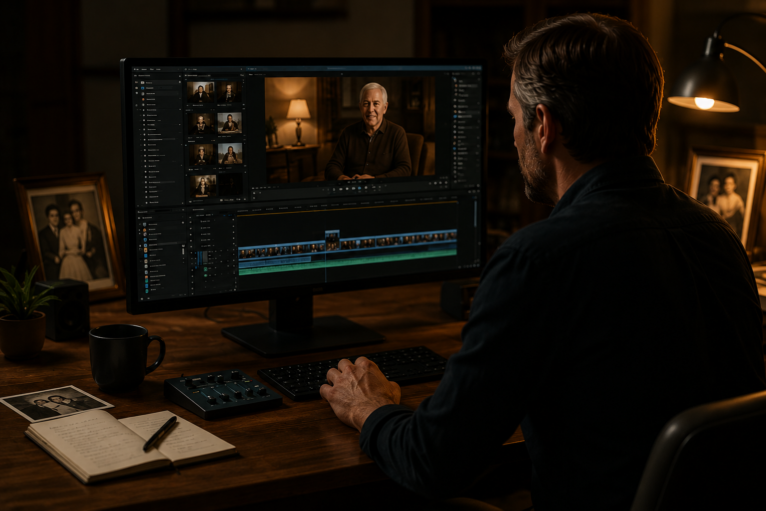An editor crafting a legacy film at a professional editing workstation