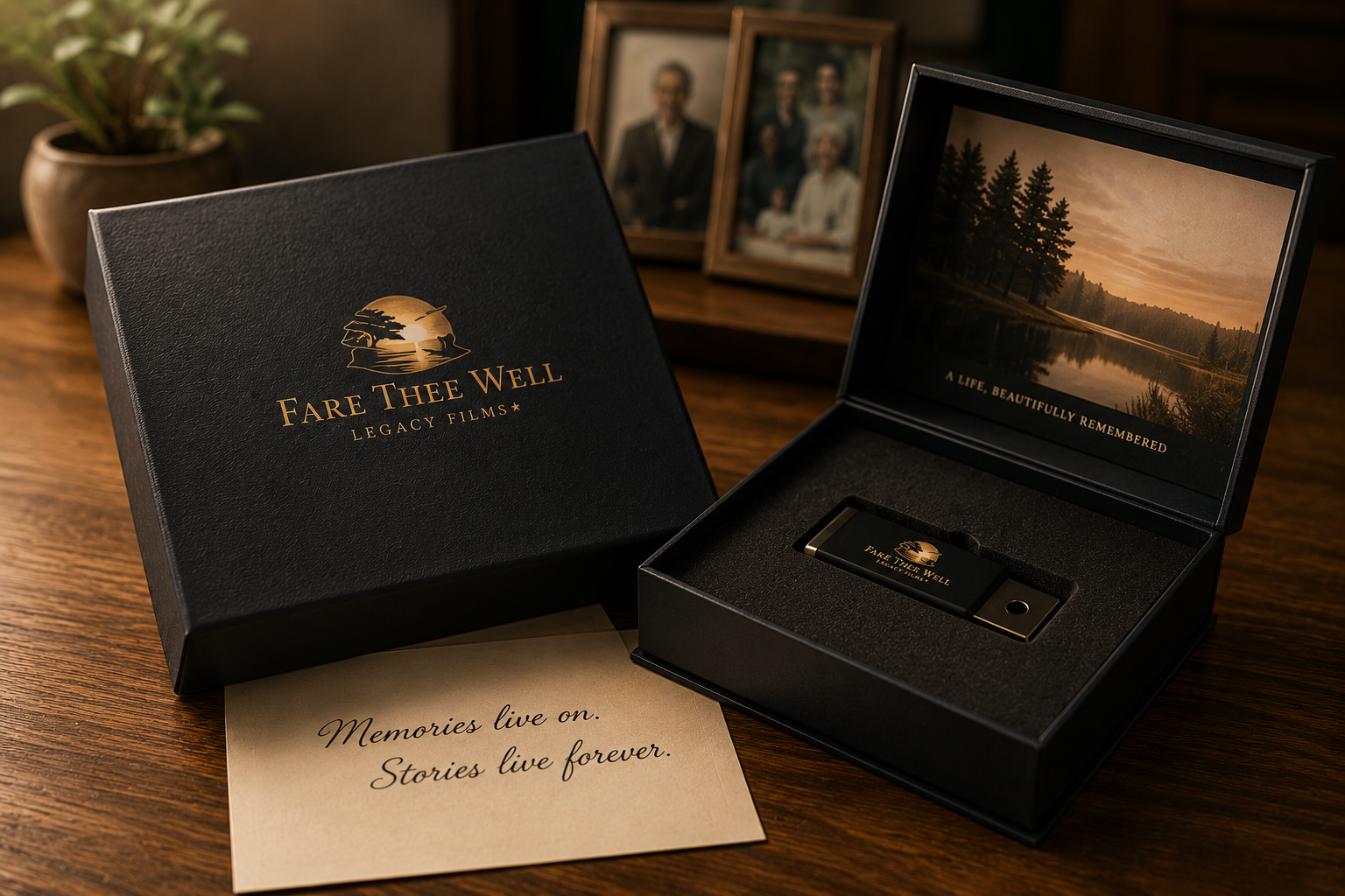 The Fare Thee Well keepsake archive box with branded USB drive and handwritten note